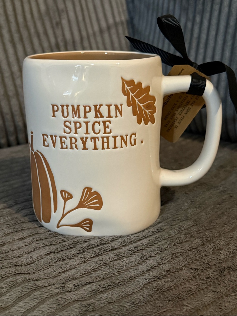 Rae Dunn Cream Ceramic Mug with Brown Fall Graphics PUMPKIN SPICE EVERYTHING.